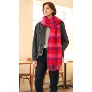 Vintrage Mohair Wool Plaid Blanket Scarf St. Michael Made in Britain Red Pink